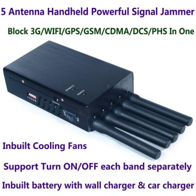 China 5 Antenna Portable High Power Handheld Cell Phone GSM CDMA DCS PHS 3G 4G LTE WiMax Signal Jammer Blocker W/ 20M Radius for sale