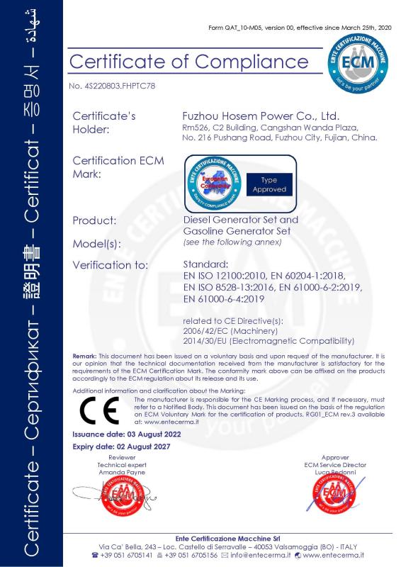CE Certificate Machinery - Fuzhou Hosem Power Co., Ltd.