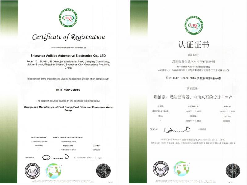 IATF 16949:2016 - Shenzhen Aojiade Auto Electronics Co., Ltd.