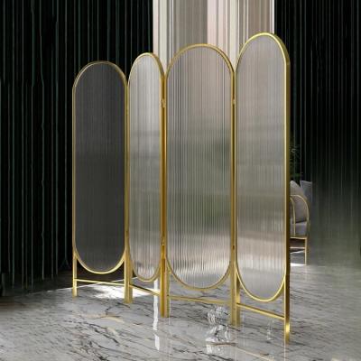 China Collapsible Rotatable 3 Panel Metal Room Divider With Art Glass for sale