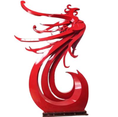 China Outdoor Red Phoenix Bird Sculpture Large Abstract Garden Metal Animal Statue Te koop