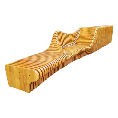 China New Design Wood Sliced Sculpture Bench Commercial Waiting Bench Seat en venta