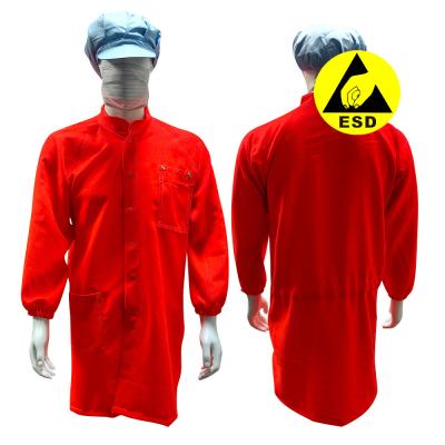 China Cleanroom Red 5mm Grid ESD Antistatic Safety Coat With 98% Polyester 2% Carbon Fiber for sale