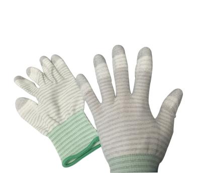 China PU Top Coated Striped Static Proof Gloves Fingertip Carbon Knitted EN388 4121 Standard for sale