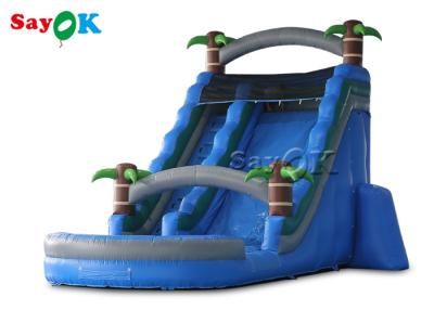 China Bouncy Slides Custom Backyard Palm Tree Themed Inflatable Water Slide With Splash Pool for sale