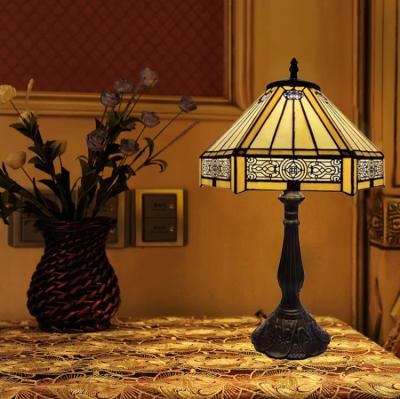 China Hexagon 30cm 40cm Hotel Luxury Table Lamp Bar Bedroom Living Room Dormitory Hand Made LED Glass Stained Table Lamp for sale