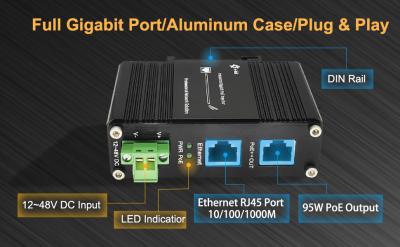 China Industrial Gigabit 95W 802.3bt PoE++ Injector (12~48VDC) Supports DIN-Rail and Wall-mount installation for sale
