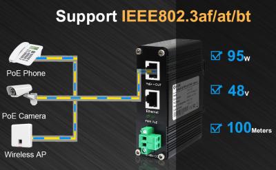 China Industrial Gigabit 95W 802.3bt PoE++ Injector (12~48VDC) Supports DIN-Rail and Wall-mount installation for sale