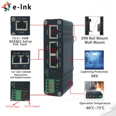 中国 2ポートスイッチ機能を備えた産業用IEEE802.3af/at PoEスプリッター、出力電圧12VDC、最大出力電力20Wに対応 販売のため