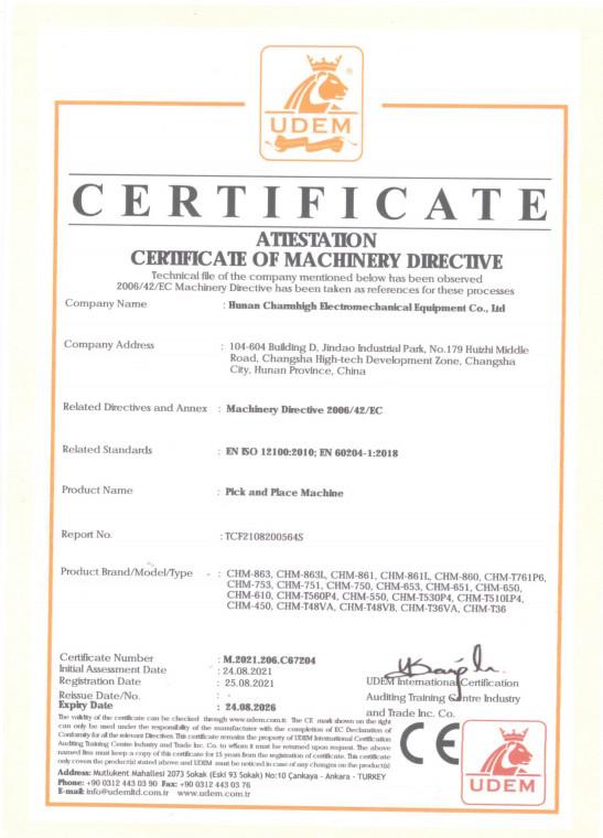 CE certificate - CHARMHIGH  TECHNOLOGY  LIMITED