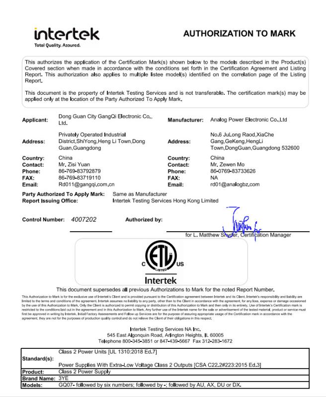 GQ07 UL Certifcate ETL1310 - Dongguan Analog Power Electronic Co., Ltd