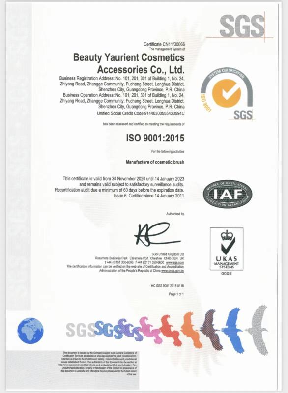 ISO9001 - Beauty Yaurient Cosmetics Accessories Co.,Ltd.