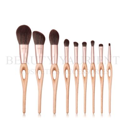 China Patented 9pcs Complete Face Brush Set Walnut Wooden Handle Facial Brush Kit for sale