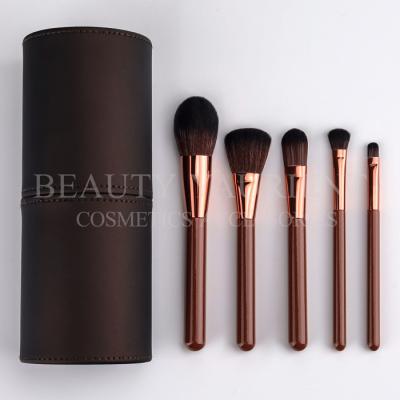 China Brown Wooden Handle Makeup Brushes 5 Piece Makeup Brush Set With Pu Cylinder for sale