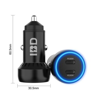 China Fast Charging Dual PD Car Charger IPhone 60W USB Car Charger Aluminum Alloy for sale