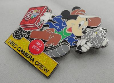 China NBC Camera Crew Disney Pin Badge by Zinc Alloy, Synthetic Enamel, Black Nickel, Glitter Filled for sale