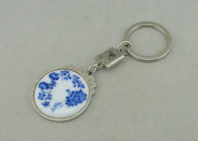 China Chrome Plating Promotional Key Chain Blue  /  White Porcelain Inserted Piece for sale