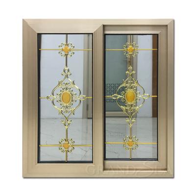 China Champagne Color Aluminum Sliding Window Double Soundproof Glass With Grill for sale
