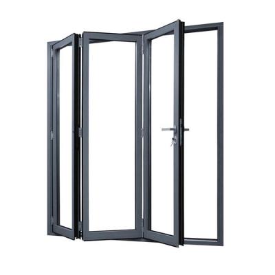 China Puerta de marco de aluminio fundido de vidrio doble templado horizontal deslizante puerta de granero doble plegable en venta