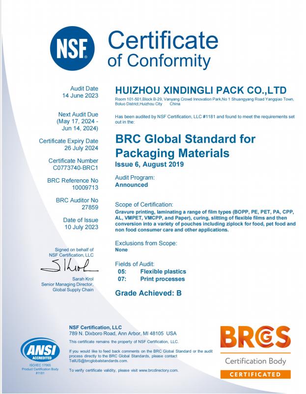 BRC Global Standard for Packaging Materials - HUIZHOU XINDINGLI PACK CO LTD