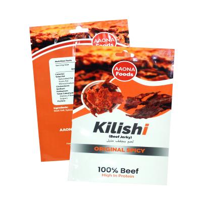 China Custom Logo Plastic 3 Side Seal Flat Pouch Beef Beef Jerky Packaging Bags for sale