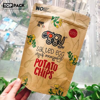 China Resealable Paper Standing Pouch Potato Chips Kraft Stand Up Pouches for sale