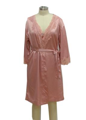 China Pink Home Ladies Night Dresses Sleepwear Solid Satin Night Robe With Lace for sale