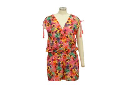 China Satin Ladies Summer Jumpsuits , Loose Off The Shoulder Floral Jumpsuit Mesh Fabric for sale
