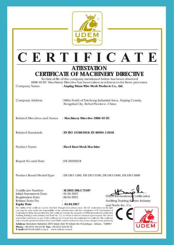 EN ISO 12100:2010.EN 60204-1:2018 - Anping Dixun Wire Mesh Products Co., Ltd