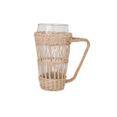 China High End Coffee Tea Clear Water Cup Clear Glass Mug With Rattan Holder for sale
