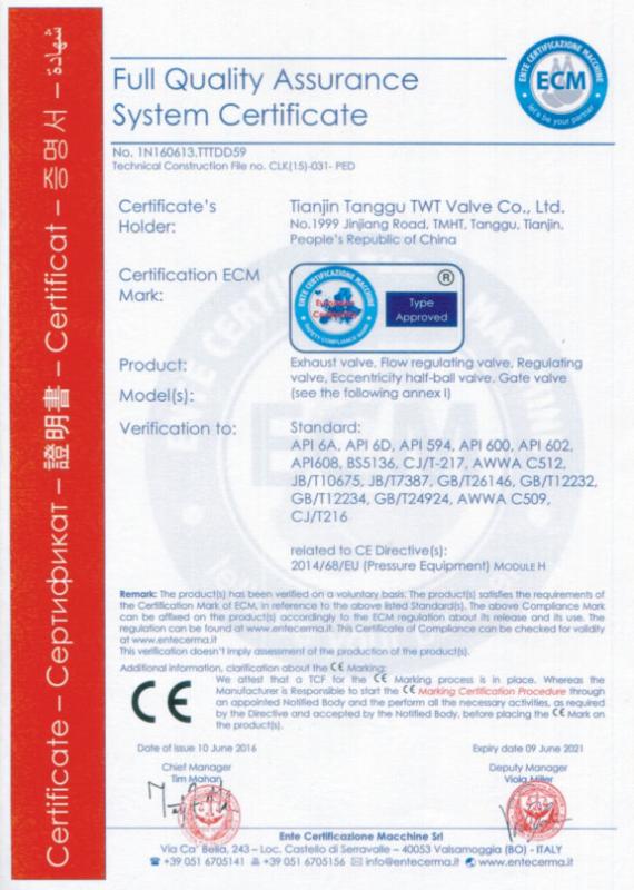 Full Quality Assurance System Certificate - Tianjin Tanggu TWT Valve Co., Ltd.