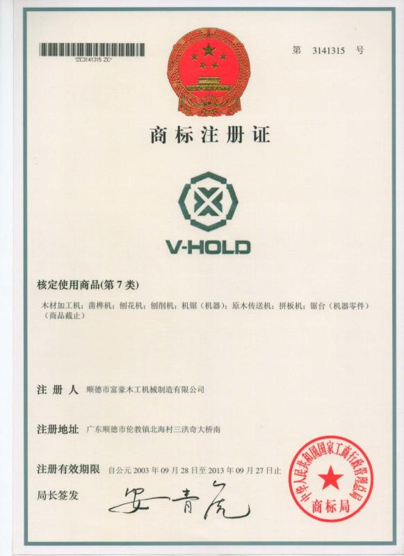 Trademark registration certificate - V-Hold Woodworking Machinery Co.,Ltd.