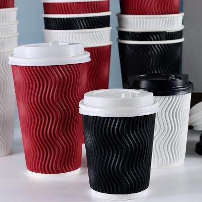 China Black 8oz 12oz 16oz Paper Coffee Cups , Ripple Striped Corrugated Recyclable Paper Cups for sale