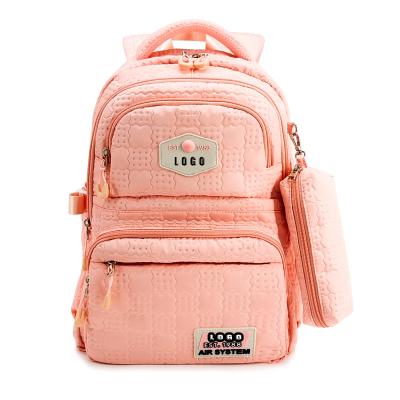 China Pink Emboss School Bags Backpack Nylon Polyester Material With Pencil Case for sale