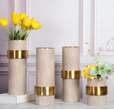 China Wholesale Decorative Flower Vases Gold Plated with Marble Cylinder Flower Pot Set for sale