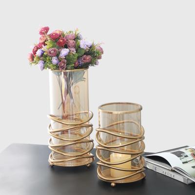 China Table wedding centerpieces decorative glass flower vase with metal holder base glass cylinder vase for sale