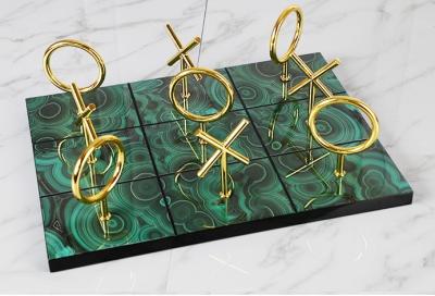 China Green Marble Gold Metal XO Game Pieces Chess Decor for sale