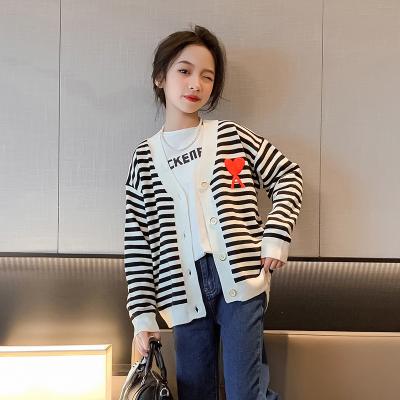 China Embroidery Craft Trendy Children Clothing Striped Girls Knit Cardigan Sweater V Neck for sale