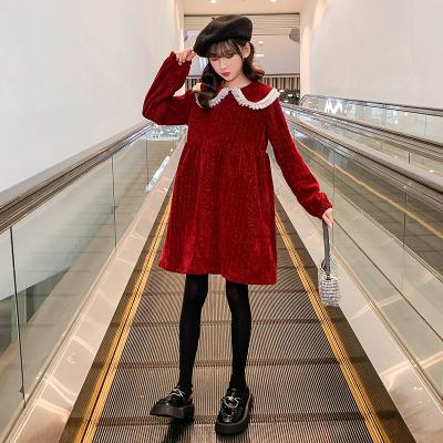 China Girls Red Velvet Long Sleeve Corduroy Dress Princess Style for sale