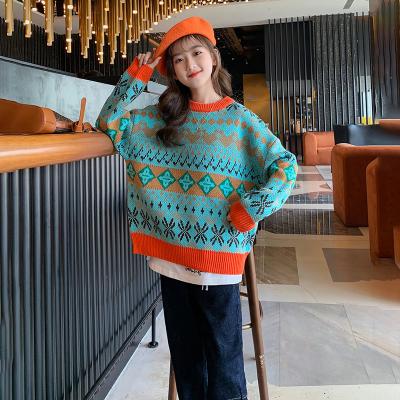 China Fashion Fall Winter Little Girls Clothes Oversized Pullover Jacquard Knit Sweater for sale