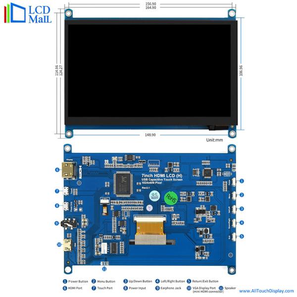 Quality 7 Inch HDMI TFT Display 1024*600 Dots HDM Interface 6 O'Clock Viewing for sale