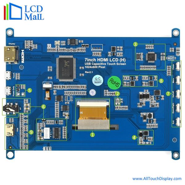 Quality 7 Inch HDMI TFT Display 1024*600 Dots HDM Interface 6 O'Clock Viewing for sale