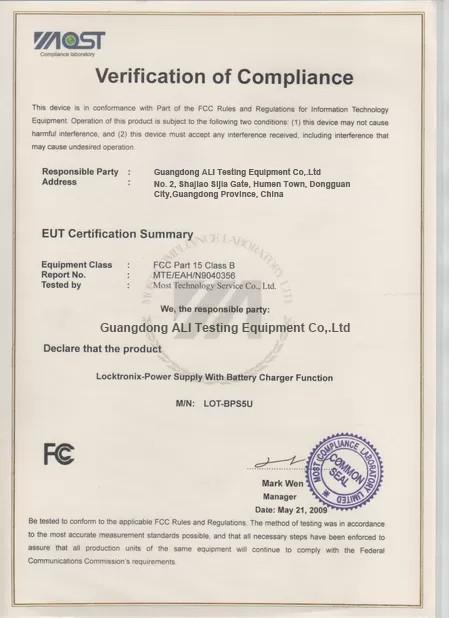 Verification of Compliance - Guangdong ALI Testing Equipment Co,.Ltd