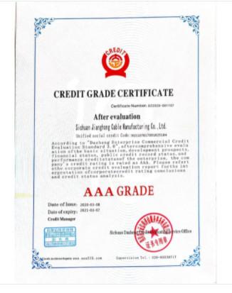 AAA Grade certificate - Sichuan Jianghong Cable Manufacture Co., Ltd.