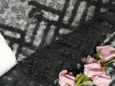 China Tulle Mesh Embroidery Black Flower Applique Lace Fabric for sale