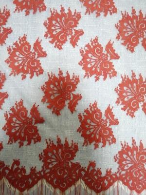 China Red Eyelash Scallop Edge Floral Embroidered Mesh Fabric for sale