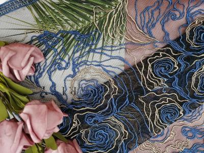 China Polyester Blue Floral Embroidered Lace Fabric For Garment Brands for sale
