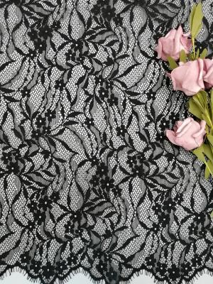 China Black French Chantilly Lace Fabric Light Eyelash Lace Fabric With Scallop for sale