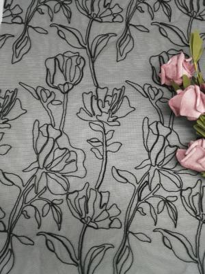 China Malla floral negra atada de Tulle de la flor de la tela del cordón del bordado 3D en venta