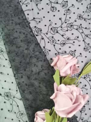 China Fancy Tulle Flocked Lace Fabric Black Flower Embroidered Fabric for sale